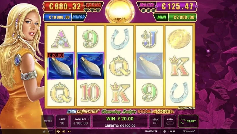Cash Connection - Charming Lady's Boom Coins - основен екран со добивка од линија