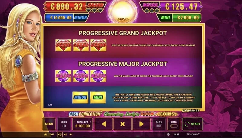 Cash Connection - Charming Lady's Boom Coins - табела со Jackpots Mini, Minor, Major и Grand